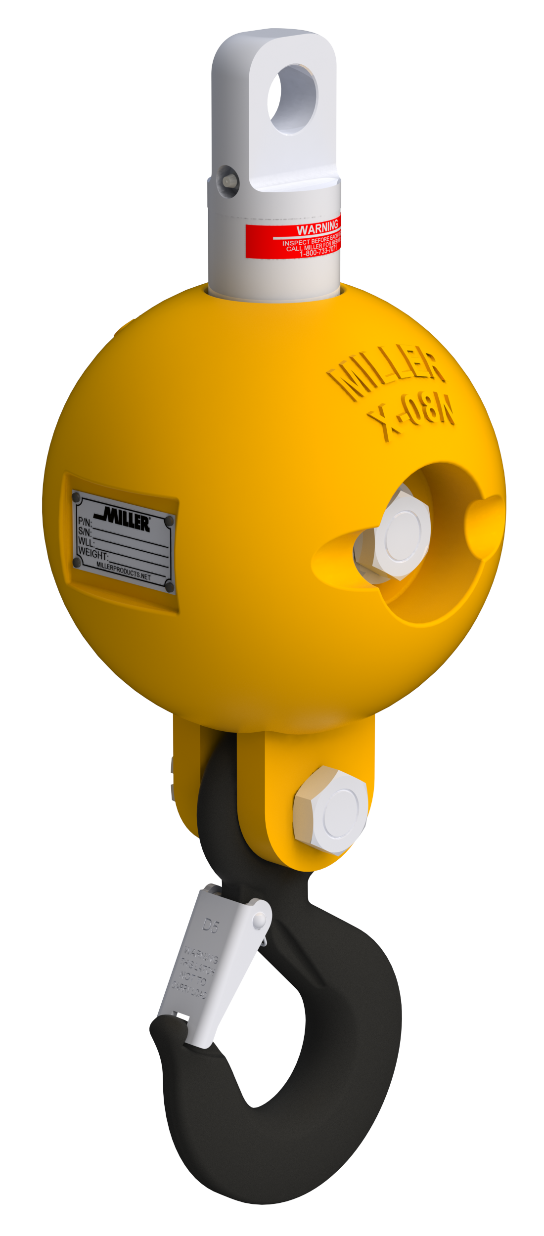 Miller Overhaul Ball Assembly, Model HB16-2GN, Type-Eye to Hook, Swivel Model: G-212-2, WLL 10 TON; WT 600 LBS