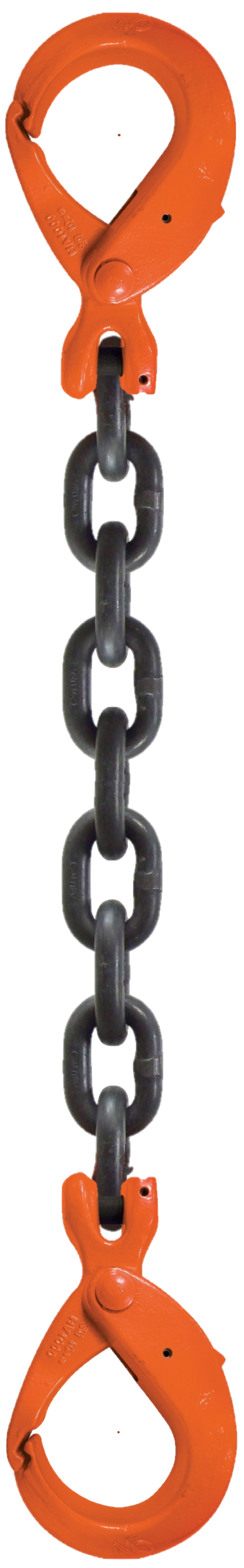 Single-leg chain assembly with self locking hooks on each end