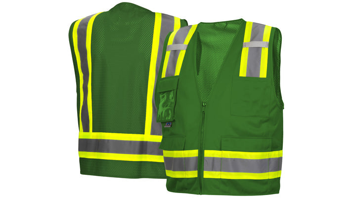 Green Survey Vest w/clear pocket-Green-Large (RVZ2435CPL) Per 5