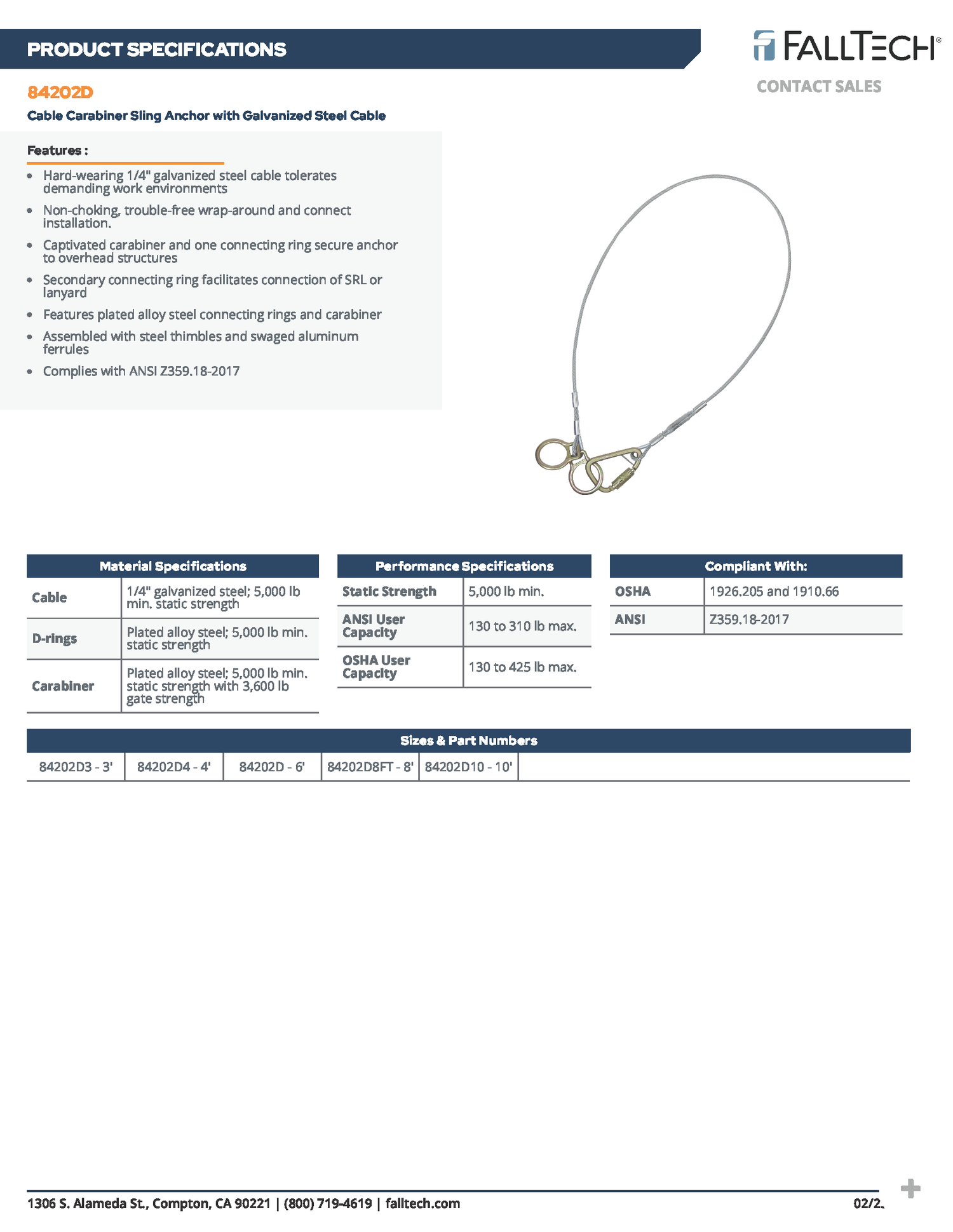 8' Cable Carabiner Sling Anchor with Galvanized Steel Cable (PN 84202D8FT)