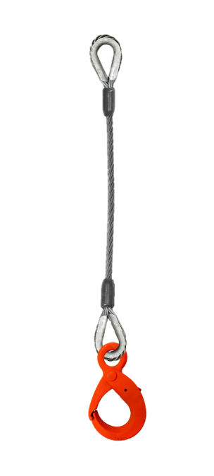Single leg wire rope bridle with thimble eye on top and self locking hook on bottom