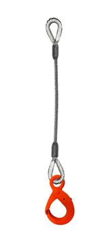 Single leg wire rope bridle with thimble eye on top and self locking hook on bottom